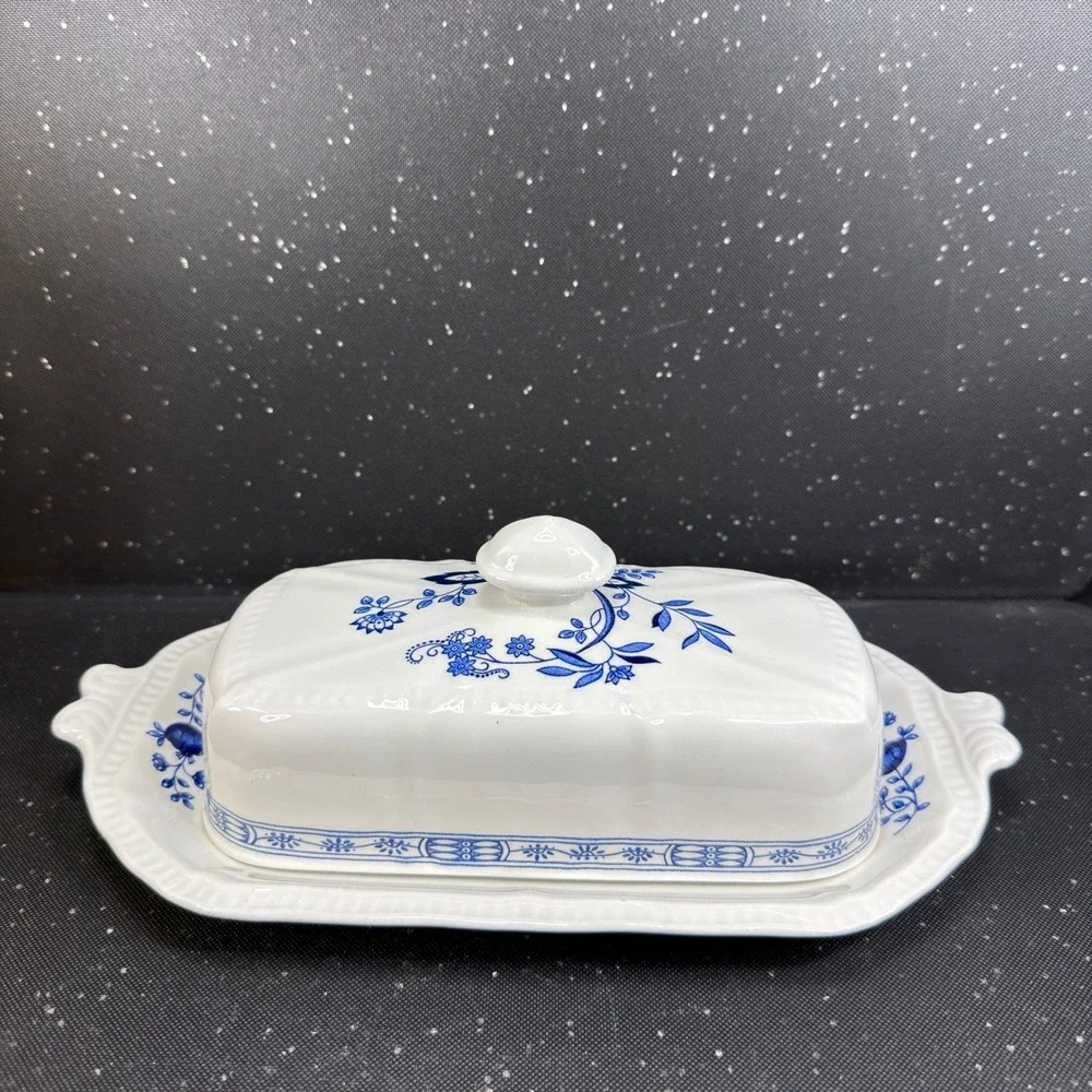 Kensington Staffordshire Ironstone Blue Onion Butter Dish Handcrafted England